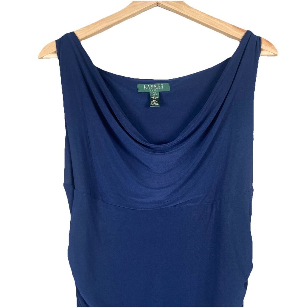 Lauren Ralph Lauren Sz 12 Dress Blue Cowl Neck Cocktail Elegant Office Stretch - Picture 2 of 10